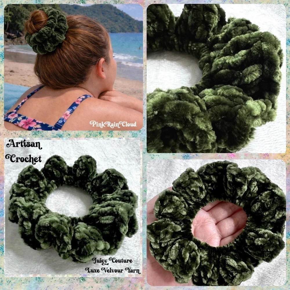 Handmade Crochet VELVET Hunter Green Large Hair Scrunchie PinkRainCloud